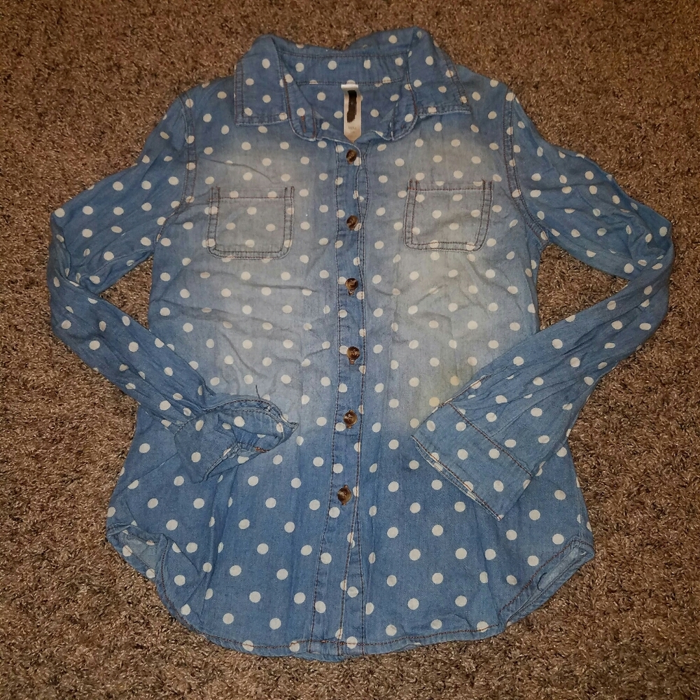 Polka Dot Denim Long Sleeve Top